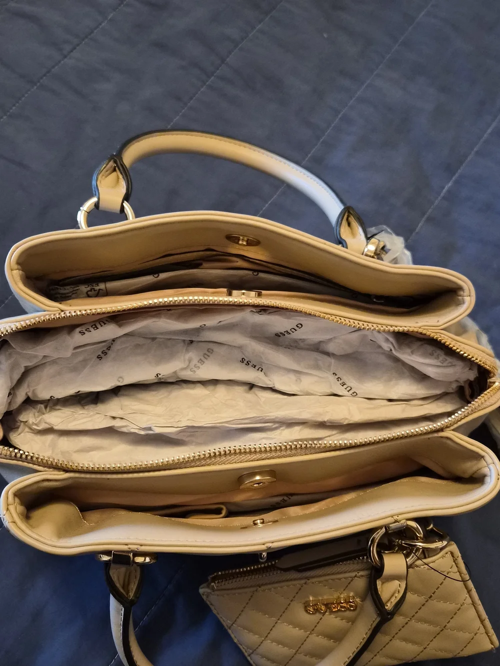 Guess Quilted Beige Satchel with Matching Zip Pouch